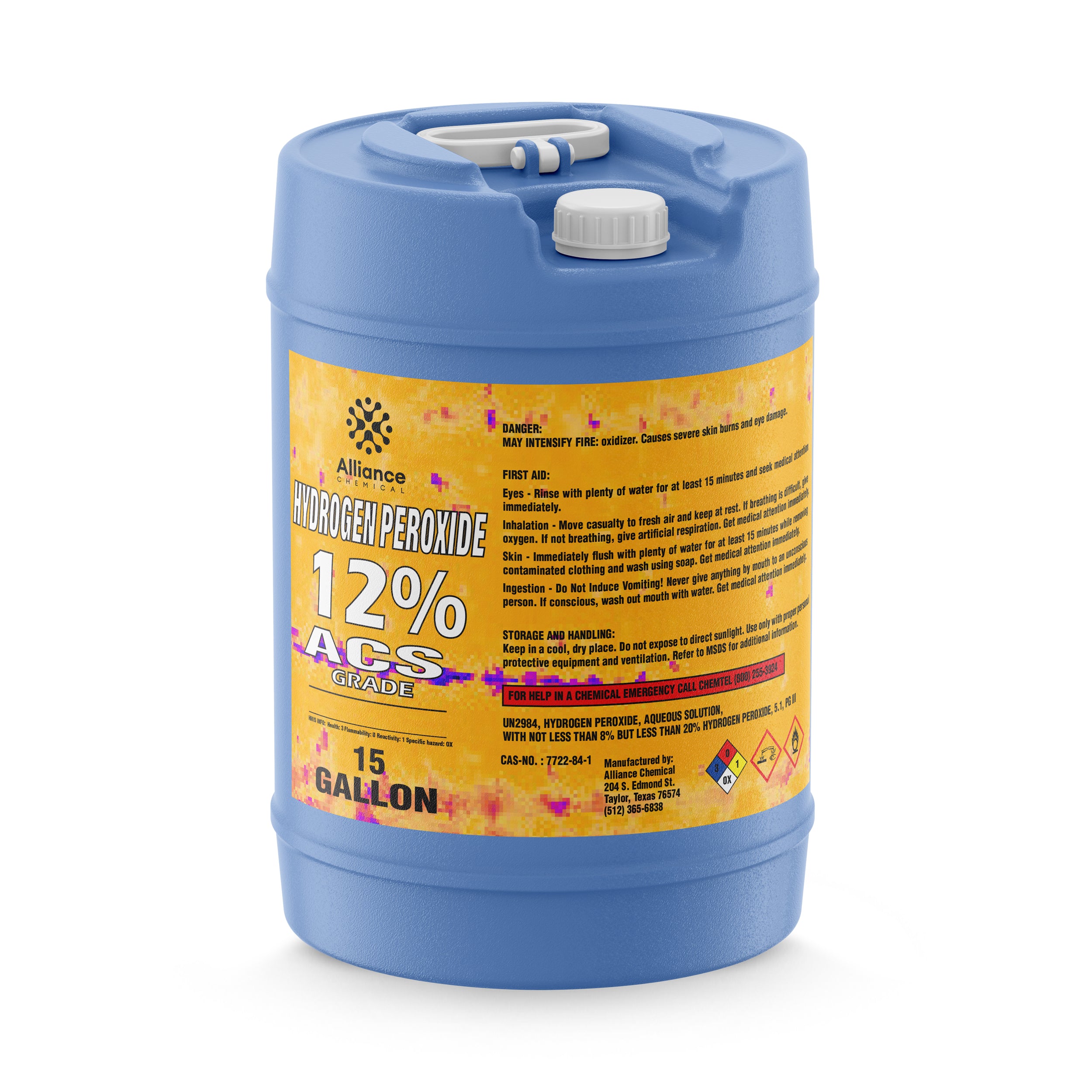 15-gallon blue HDPE carboy of 12% ACS-grade hydrogen peroxide with yellow hazard label, safety warnings, and NFPA diamond symbols.